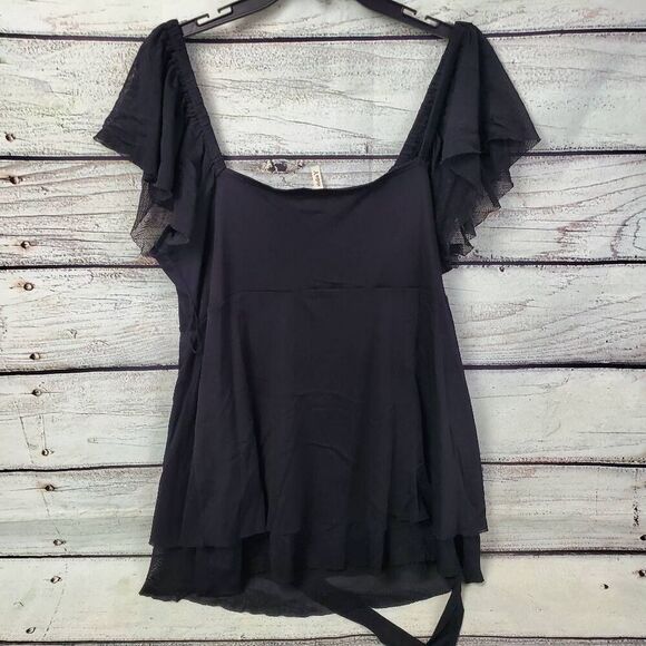 Studio Y Large Black Mesh Flutter Sleeve Top Lace Appliqué Detail - Picture 4 of 7